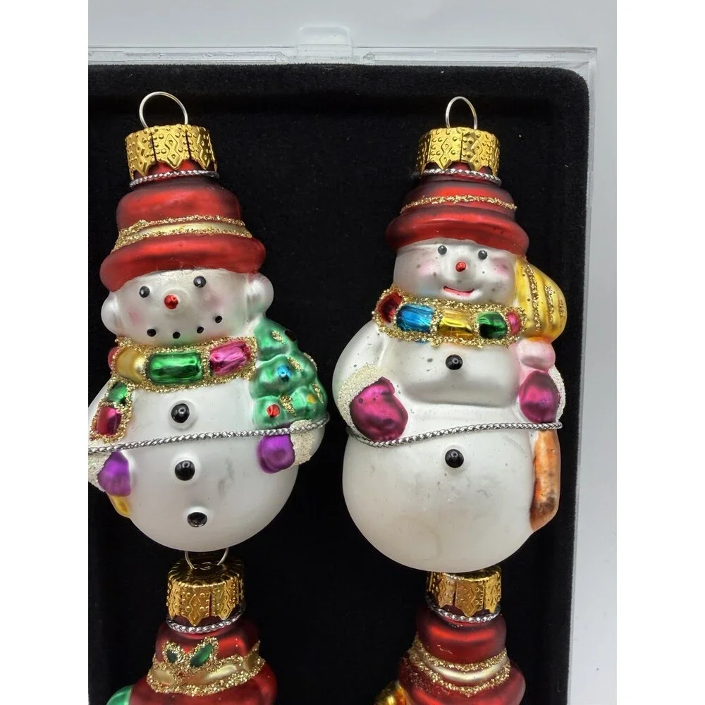 Unique Treasures Blown Glass Snowmen Ornaments Set Of 4 Christmas Glitter 2.5”